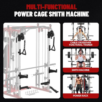 All in One Home Gym System Workout Station, Multi-Function Smithe Machine Power Cage with Cable Crossover System, Tripe-Sided Independent Load Posts, Functional Trainer for Full Body Training - color: Red, style: Home Gym Station with Weight Bench (9001)