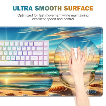 Gaming Mouse Pad, Large Desk Mat, Cute Desk Pad Protector, 4in1 XXL Mousepad + Keyboard Wrist Rest+Mouse Wrist Rest+Coaster Set with Ergonomic Desk Pad for Home Office Computer, Beach Sun Shell - color: Beach Sun Shell