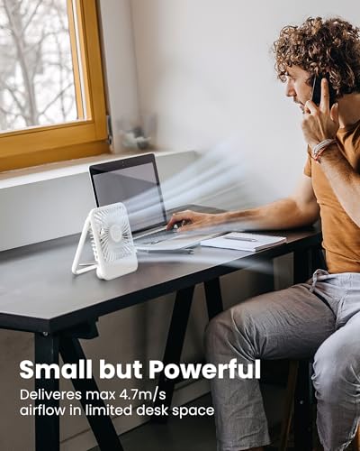 Koonie USB Desk Fan, Strong Wind Ultra Quiet Small Personal Fan with 180° Tilt Folding and 3 Speeds Adjustable, USB-C Corded Powered Mini USB Fan for Office Desktop Bedroom White, NO BATTERY | 180° Tilt Folding & 3 Speeds Adjustable, USB-C Corded Powered