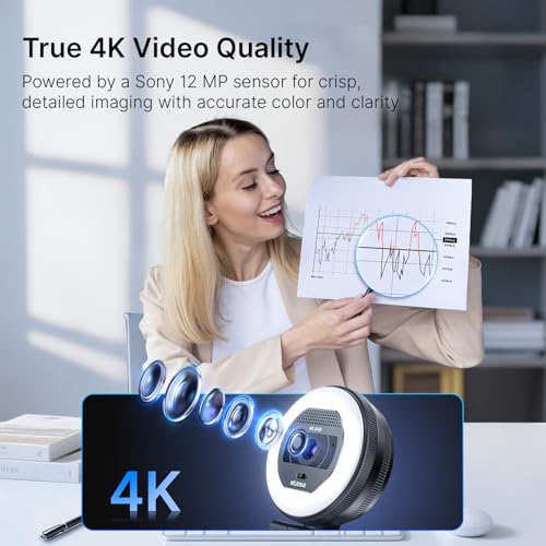 NexiGo 4K Autofocus Webcam Kit, N930E Pro UHD Webcam w/Ring Light, 1080P@60FPS, Dual Noise-Canceling Mics, Built-in Privacy Shutter, Lightweight Mini Tripod, Web Cam for Streaming/Meeting/Gaming
