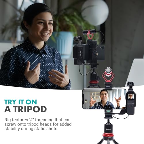 Movo Video Rig Compatible with The DJI OSMO Pocket 1, 2 - Includes Universal Smartphone Mount, Grip Handle, and 2 Cold Shoes for Mounting Microphone, Light - OSMO Pocket Microphone and Video Rig