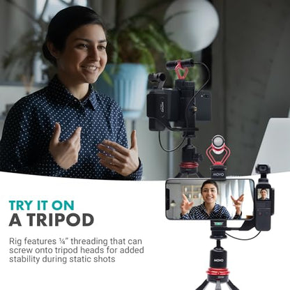 Movo Video Rig Compatible with The DJI OSMO Pocket 1, 2 - Includes Universal Smartphone Mount, Grip Handle, and 2 Cold Shoes for Mounting Microphone, Light - OSMO Pocket Microphone and Video Rig