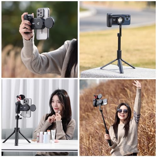 ULANZI Selfie Phone Tripod Mount MA35, 2-in-1 Magnetic & Phone Clip Camera Grip Handle Holder with Detachable Remote Shutter with Cold Shoe Adapter for iPhone 15 16 17 Samsung Video Shooting