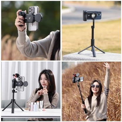 ULANZI Selfie Phone Tripod Mount MA35, 2-in-1 Magnetic & Phone Clip Camera Grip Handle Holder with Detachable Remote Shutter with Cold Shoe Adapter for iPhone 15 16 17 Samsung Video Shooting