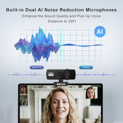 4K Webcam for PC/Laptop/Mac, 2 Mics Noise Reduction, Fixed Focus, 90° FOV, Auto Light Correction, Privacy Cover, Plug & Play USB Computer Camera for Zoom/Teams/Facetime/YouTube/Google Meet