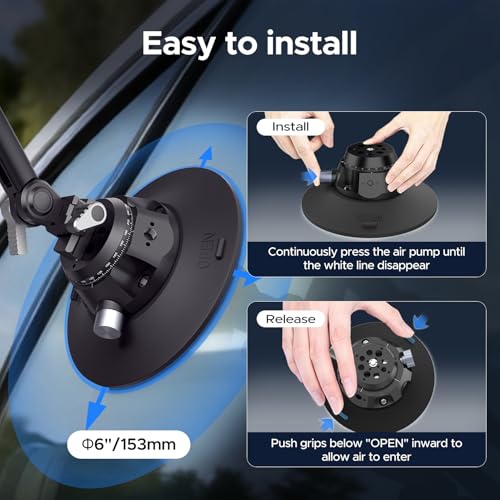 EMART Shock Absorber Arm Car Camera Mount for Action Camera, Featuring 6" Vacuum Car Suction Cup, Qick Release NATO Rail, Hydraulic Boom Arm Compatible with DJI Osmo Pocket 3, Insta360, GoPro, iPhone - size: 6 inch Shock Absorber Arm
