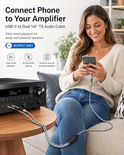 USB C to 1/4 inch Audio Cable 6.6FT - USB-C to Dual 6.35mm TS Mono Y-Splitter for DJ Mixer, Podcasting Music Production Connect Phone/Laptop to Amp, Mixer Speakers(Output ONLY · NOT for Recording)