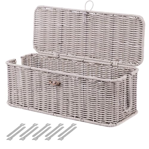 BROWNLILY Cable Management Box, Rattan Style Cord Organizer for Desk Cord Hider Outlet Covers for Power Strip TV PC Router Charger Under Desk Storage with Lockable Lid and Cable Ties - color: Gray, size: M