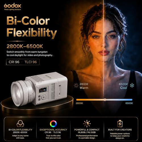 Godox ML150Bi Bi-Color LED Video Light, 61054Lux@1m, 2800K–6500K, CRI96, TLCI96+, Godox Mount, APP/NFC Control, Compact Handheld Light for Studio, Portrait & Outdoor Shooting (Battery Not Included)