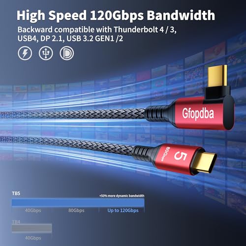 USB C Camera Tethering Cable for Right Angle Thunderbolt 5 Cable 5 FT, 120Gbps Bandwidth, 80Gbps, 240W, 8K@165Hz, 4K@540Hz for Thunderbolt 4, iPhone 17, USB4, Canon, Sony, Nikon, Fuji, Mac mini M4 - size: Right Angle 5FT