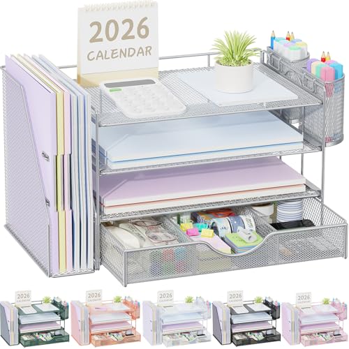 gianotter Desk Organizers and Accessories with File Holder, 4-Tier Desk Accessories & Workspace Organizers with Drawer and 2 Pen Holder, Paper Organizer for Office Supplies (Grey) - color: Grey