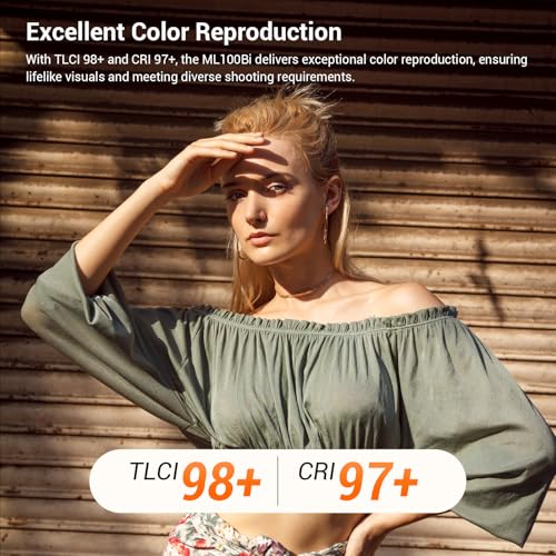 Godox ML100Bi 100W Portable LED Video Light,CRI 97+/TLCI 98+,0%-100% Brightness& Bi-Color COB Continuous Output Lighting 2800-6500K,11 FX Lighting Effects,App Control Mini Photography Light - color: ML100Bi