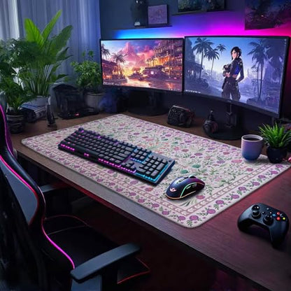 Purple Floral Desk Mat, 31.5"x15.7" Large Mouse Pad, Anti-Slip Rubber Base Keyboard Pad with Stitched Edges, Water-Resistant Smooth Desk Blotter, Computer Mat for Home Office Desk - color: Purple Floral