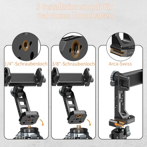 Metal Phone Mount for Tripod with 2 Cold Shoes & Arca Port,Phone Holder Stand with 4 * 1/4" Screw Mount,Support Vertical & Horizontal Rotate Suitable for iPhone 17 Pro/16Pro/15Pro/14/13