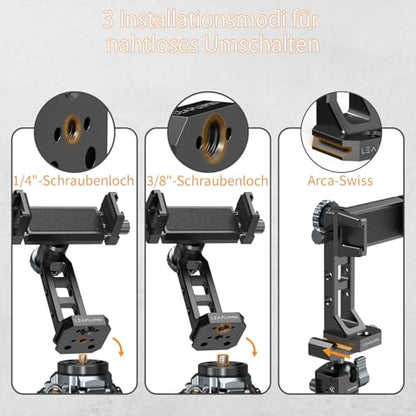 Metal Phone Mount for Tripod with 2 Cold Shoes & Arca Port,Phone Holder Stand with 4 * 1/4" Screw Mount,Support Vertical & Horizontal Rotate Suitable for iPhone 17 Pro/16Pro/15Pro/14/13