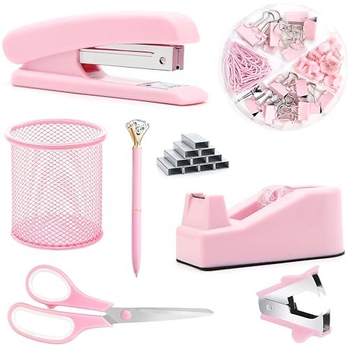 Pink Office Supplies, Pink Desk Accessories, Stapler, Staple Remover, Tape Holder, Pen Holder, Ballpoint Pen, Scissor, Binder Clips, Paper Clips and 1000pcs Staples. - color: Pink