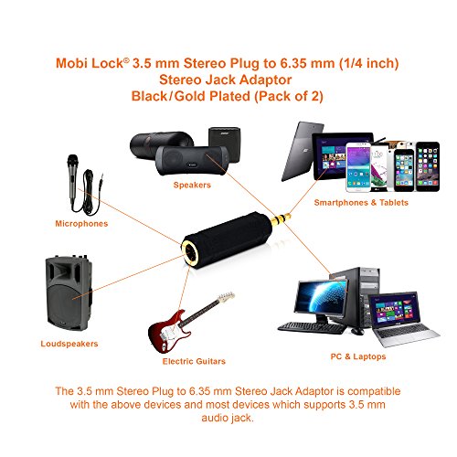 Mobi Lock 2pcs 3.5mm Plug to 6.35mm Socket - 1/8 to 1/4 in Stereo Audio Jack Adapter - Connects Devices with 3.5mm Port to Amplifiers, Guitar, Piano, Speakers & Mic that use 6.35mm Port