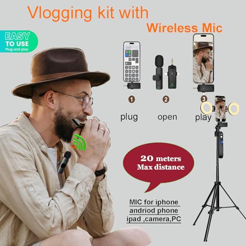 Vlogging Kit for iPhone/Andriod,70.9″ Auto Face Tracking Tipod | 360 rotatable selfie stick tripod, content creator essentials, yutube starter kit, gesture control ,with remote Mic and light - style: With K15 Mic