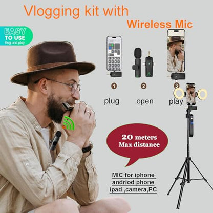 Vlogging Kit for iPhone/Andriod,70.9″ Auto Face Tracking Tipod | 360 rotatable selfie stick tripod, content creator essentials, yutube starter kit, gesture control ,with remote Mic and light - style: With K15 Mic