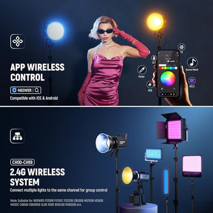 NEEWER 130W RGB LED Video Light APP/2.4G Control 17 Effects, 2500-7500K 19800lux/1m COB Continuous Lighting Output with CRI97/TLCI98 4 Dimming Curves, Bowens Mount Spotlight for Studio Shoots, FS150C