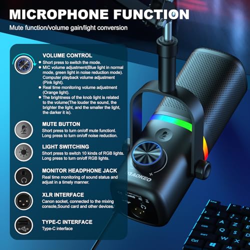 Aokeo AK-10 USB Gaming Microphone Wtih AK-35 Arm, Condenser Microphone for PC/MAC/PS4/PS5/Phone-Cardioid Mic with RGB Lighting - color: Metallic
