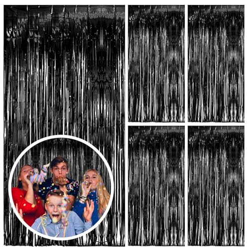 5 Pack Black Party Streamers Backdrop Tinsel Foil Fringe Curtains Halloween & Birthday Party Decorations - color: Black, size: 39.4"w X 78.7"l (Pack of 5)
