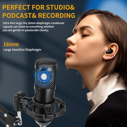 AMOOX Condenser Microphone,Professional USB Microphone Plug & Play PC Computer Microphone Condenser Cardioid Mic Kit with Adjustable Boom Arm Stand Shock Mount,for Podcast,Streaming,YouTube，Tiktok
