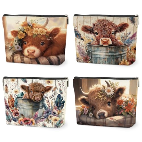 4 PCs Highland Cow Makeup Bag Highland Cow Gifts Cosmetic Bag | Cow Print Stuff Western Gifts for Women Scottish Girls Best Friends, Cute Cow Stuff Christmas birthday Gifts Zipper Pouch - color: highland cow makeup bag