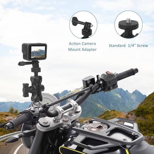 Camera Mount with 360°Dual Ball Head, Motorcycle Handlebar Mounting Bundle Kit for lnsta360 X5/X4/X3/ Gopr0//LED Light, 1/4"-20 & Tripod Adapter, Action Camera Mount Adapter for M8 Hole Base,75018 - style: M8 Action Camera Mount Kit