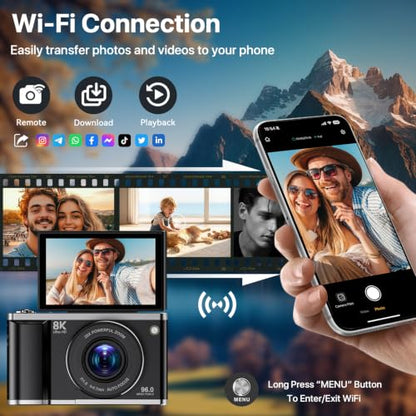 8K Digital Camera for Photography with WiFi 96MP Autofocus Vlogging Camera for YouTube Video 3.5'' 180°Flip Screen 20X Zoom Anti-Shake Compact Point and Shoot Cameras for Beginner Creator with SD Card