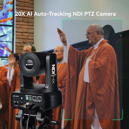 TONGVEO NDI PTZ Camera with AI Auto-Tracking: 20X Optical Zoom HDMI SDI USB PoE IP 1080P 60fps Video Camera for Live Streaming Conference Room Webcam for Church Worship, OBS - color: Midnight