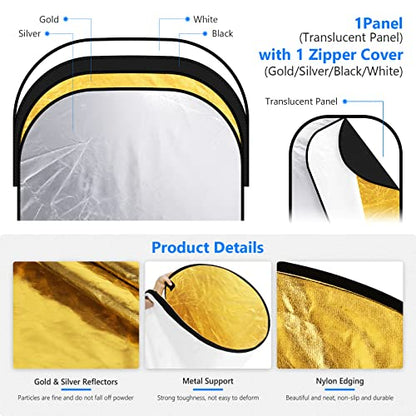 NEEWER 59"x79"/150x200cm Light Reflectors for Photography, Portable 5 in 1 Collapsible Multi Disc with Bag - Translucent, Silver, Gold, Black, White Diffuser for Studio and Outdoor Lighting - size: 59" x 79"