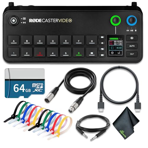 RODECaster Video All-in-One Production Console + 64GB Micro SD Memory Card + 10 Foot XLR + Cable Management Ties + Video Cable + 1/4 TRS + Microfiber Cloth (Bundle)