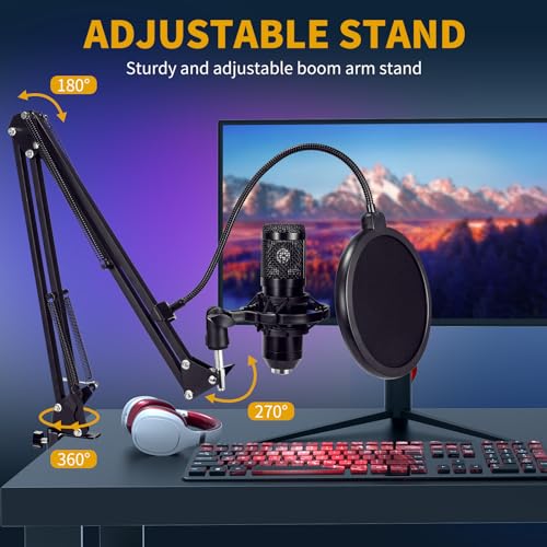 AMOOX Condenser Microphone,Professional USB Microphone Plug & Play PC Computer Microphone Condenser Cardioid Mic Kit with Adjustable Boom Arm Stand Shock Mount,for Podcast,Streaming,YouTube，Tiktok
