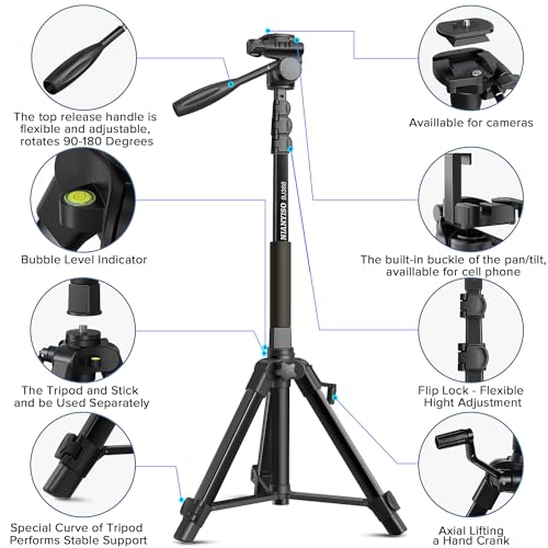 Camera Tripod 69 Inch, Patented 3-Way Swivel Portable Phone Tripod Professional Aluminum Alloy Travel Phone Camera Stand Monopod for Canon Nikon GoPro DSLR, DV Video Camcorder, Smartphone Black - size: 69 inch