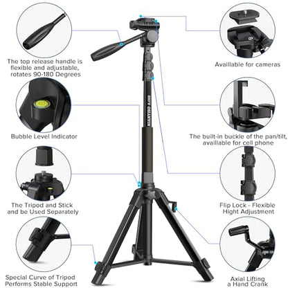 Camera Tripod 69 Inch, Patented 3-Way Swivel Portable Phone Tripod Professional Aluminum Alloy Travel Phone Camera Stand Monopod for Canon Nikon GoPro DSLR, DV Video Camcorder, Smartphone Black - size: 69 inch
