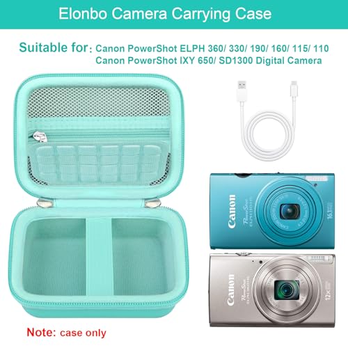 Elonbo Carrying Case for Canon PowerShot ELPH 360 HS A/ 360 HS/ 360/ IXY 650 Digital Camera, Canon PowerShot ELPH 330/190/160/115/130/110 Camera Hard Travel Bag, Mesh Pocket fits Battery Cable, Green - color: Green
