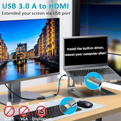 Herfair USB to HDMI Adapter USB A to HDMI Female Converter for Laptop/PC/Computer to 1080P Monitor TV Screen Projector, Support MacOS & Windows 11/10/8.1/8/7, Driver Install Required