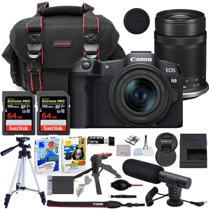 Canon EOS R8 Mirrorless Camera with 24-50mm & 55-210mm Lens Bundle with Commander Gear Bag + Microphone + 2X 64GB Extreme Memory Cards + Accessory Kit