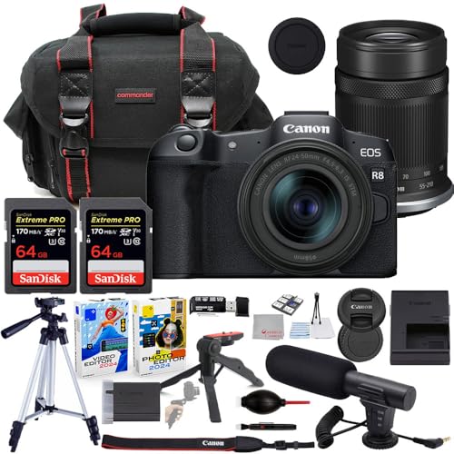 Canon EOS R8 Mirrorless Camera with 24-50mm & 55-210mm Lens Bundle with Commander Gear Bag + Microphone + 2X 64GB Extreme Memory Cards + Accessory Kit