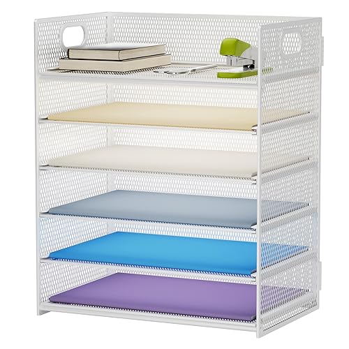 Marbrasse 6 Tier Paper Organizer Letter Tray - Mesh Desk File Organizer with Handle, Paper Sorter for Letter/A4 Office File Folder Holder - White - color: 6 Tier - White