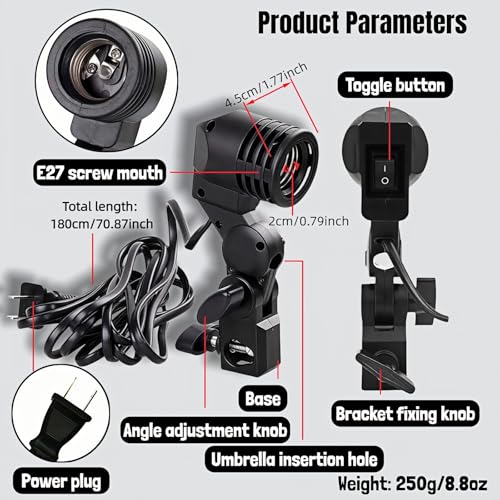 E27 Lamp Holder with Umbrella Bracket, 360° Adjustable Photography Light Stand Mount with 1.8M Cable & Switch, Nylon E27 Socket for Studio Video Recording, Live Streaming, and Continuous Lighting