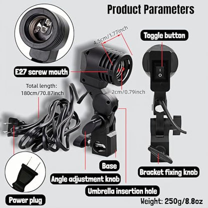 E27 Lamp Holder with Umbrella Bracket, 360° Adjustable Photography Light Stand Mount with 1.8M Cable & Switch, Nylon E27 Socket for Studio Video Recording, Live Streaming, and Continuous Lighting