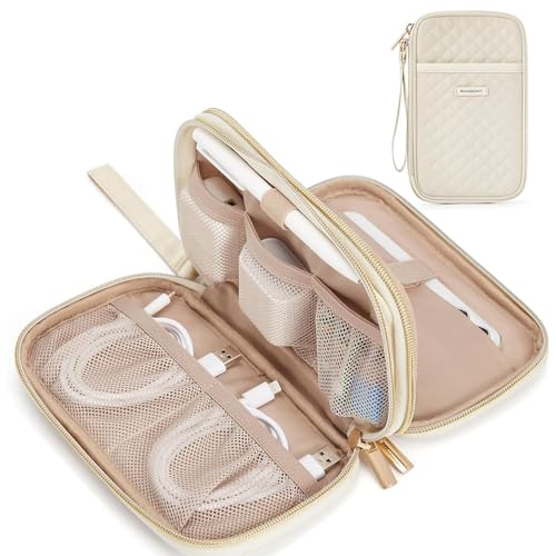 BAGSMART Electronic Cord Cable Organizer Travel Bag Case, Double Layers Tech Electronic Bag, Essentials for Charger, Cable, Phone, Flash drive, Beige - color: Double Layer Quilted Beige