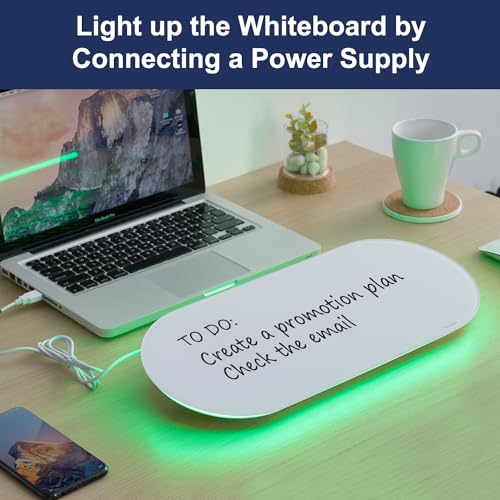 TSJ OFFICE Glass Desktop Whiteboard - 17 X 7 Inches Small Dry Erase Board with Green Light, Glass White Board Surface Notepad with 1 Drawer, Desk Organizers for Office, Home, School Supplies - color: Green Light (White Glass)