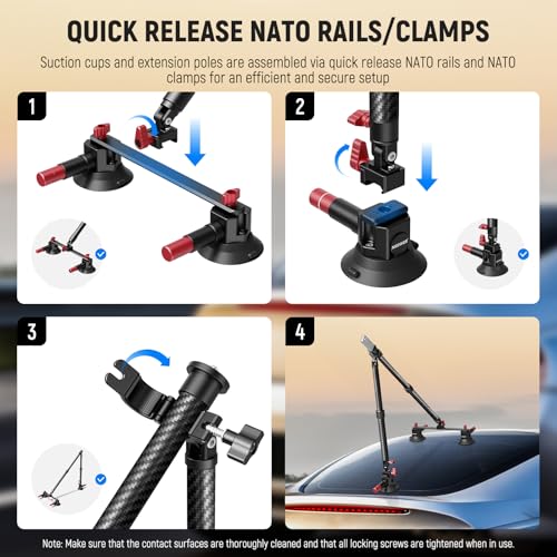 NEEWER Triple Suction Cup Car Mount Kit, Carbon Fiber Camera Mount with Action Camera Adapter, NATO Rail & 24"/60cm Extension Pole Compatible with GoPro Insta360, 2.2lb/1kg Max Load, CA136 - style: CA136