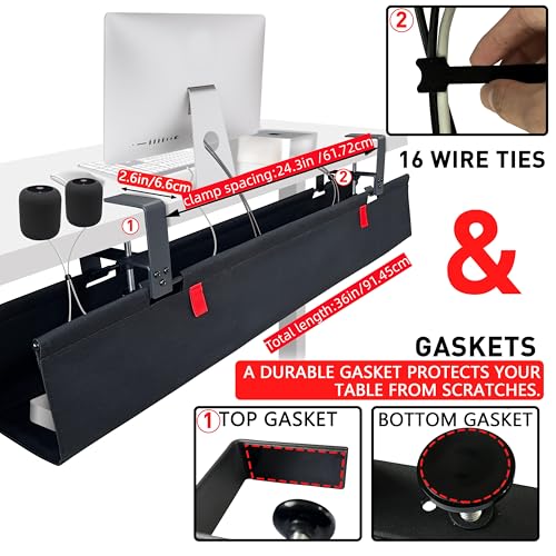 Under Desk Cable Management Tray – No Drill, 36" L x 6" W, Non-Scratch Silicone Clamps, 16 Cable Slots, Washable Honeycomb Base,Black - color: Black, size: Upgraded with Enhanced Features-36"L x 6.0"W