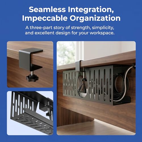 Under Desk Cable Management Tray, Cord Organizer for Desk Cable Management Tray Under Desk with Clamp for Home Office, Standing Desk (2Pack Black)