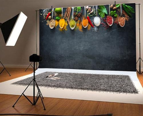 10x8ft Condiment Spice Backdrop Scoop Colorful Condiment Seasoning Food Cooking Material Black Plate Photography Background Party Conference Cuisine Video Studio Photo Props Polyester - size: 10x8ft-polyester