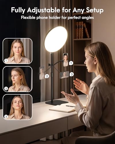 Full-Panel Ring Light with Stand and Extra-Long Flexible Phone Arm for Podcast & Streaming, 10" LED Video Light for Desk, Laptop & Computer, Dimmable Light for Video Recording & Content Creation